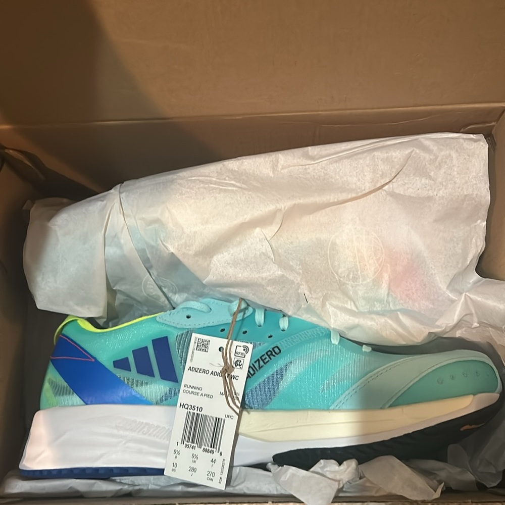 New in Box! adidas Adizero Adios 7 WC, Men’s 10 Running shoes in light aqua - Picture 4 of 8
